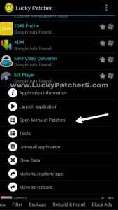 lucky patcher - remove ads - open menu of patches